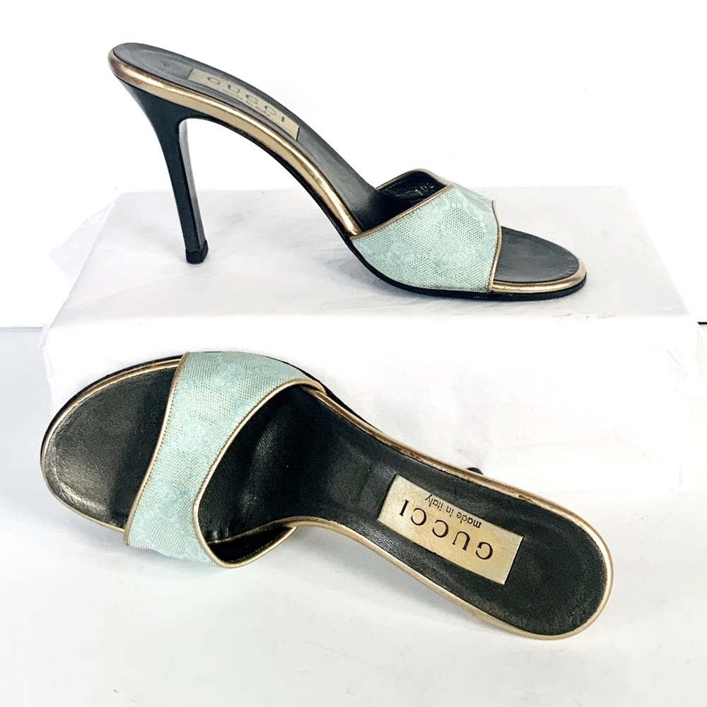 Gucci GG logo blue green canvas slide sandal  37.5 - Picture 2 of 8
